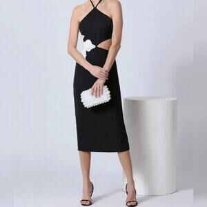 NWT Avec Les Filles Halter Pearl Flower Midi Dress BLACK White SIZE 4 Small $179